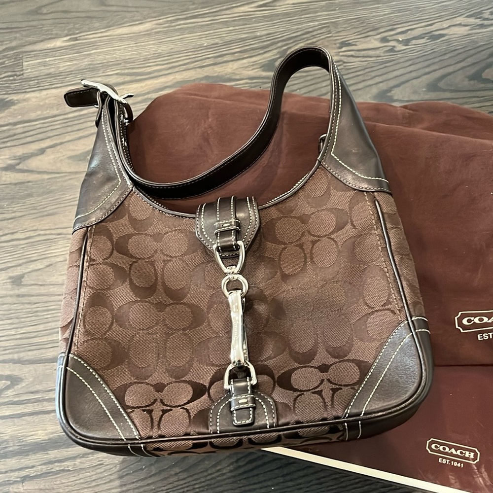 Coach chocolate brown leather and fabric hobo bag